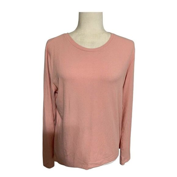 ava lea womens solid pink ribbed Crew Neck long sleeve top t shirt large - Picture 1 of 4